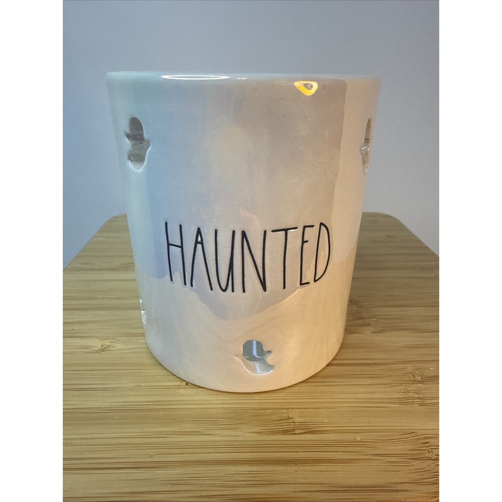 Rae‎ Dunn Haunted Halloween Candle Holder Iridescent Ghost Pencil Writing 3.75"